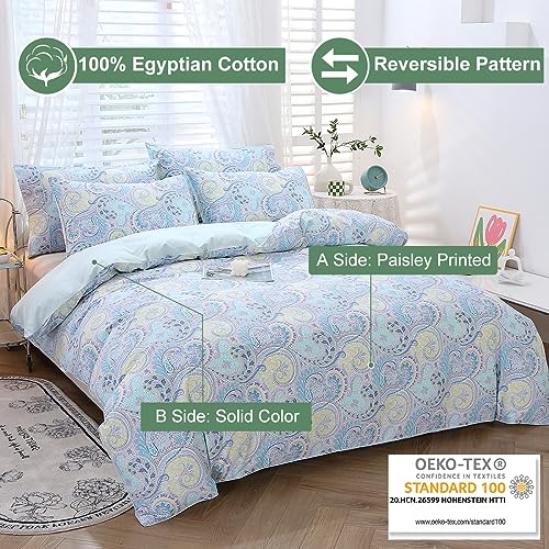 URBONUR Blue Paisley Duvet Cover Set 800TC Egyptian Cotton Sateen Silky Bedding Set, Bohemian Bedding Twin Duvet Cover, Crisp Cooling Bed Set (3 Pieces, Blue Paisley, Twin)