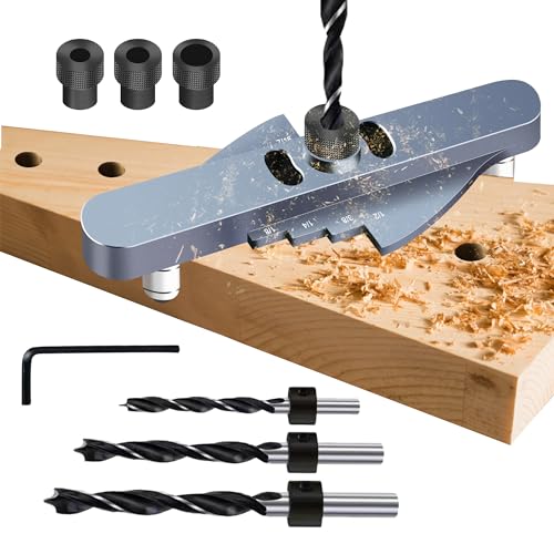 Pftjujudan Dowel Jig Kit,Line Scriber Drill Jig,Self Centering Drill Guide for Straight Holes,Adjustable Width Woodworking Locator Hand Tools,1/4", 5/16", 3/8" Drilling Guide Power Tool