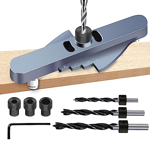 Pftjujudan Dowel Jig Kit,Line Scriber Drill Jig,Self Centering Drill Guide for Straight Holes,Adjustable Width Woodworking Locator Hand Tools,1/4", 5/16", 3/8" Drilling Guide Power Tool