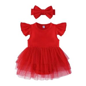 infant girl tutu dress baby girl ruffle romper dress toddler girl solid color skirts with headband summer clothes (red, 6-12 months)