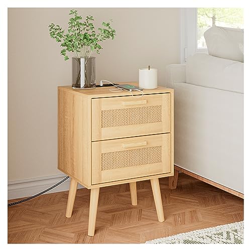 Masupu NightStand with Charging Station,Bedside Table with PE Rattan Decor Drawer, 2 Drawer Dresser for Bedroom,Rattan Furniture,Small Side Table,Rattan Night Stand for Bedroom,Living Room