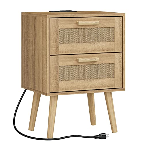 Masupu NightStand with Charging Station,Bedside Table with PE Rattan Decor Drawer, 2 Drawer Dresser for Bedroom,Rattan Furniture,Small Side Table,Rattan Night Stand for Bedroom,Living Room