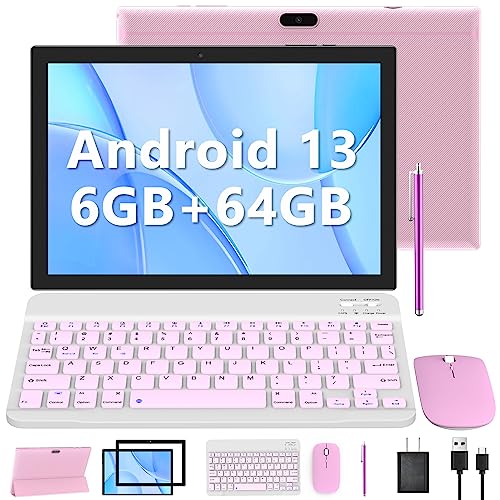 Tablet 2 in 1 6GB+64GB Tablet, 10 inch Android 13 Tablet Set, Tablets with Keyboard Case Mouse Stylus Screen Flim, ddr4 5G Wi-Fi WIFI6 10.1 IN HD Touch Screen 8MP Dual Camera, Games Tab, BT Tableta PC