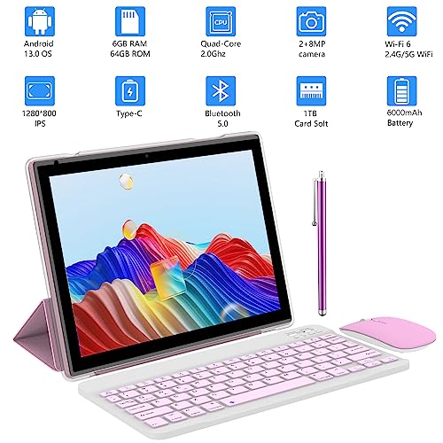 Tablet 2 in 1 6GB+64GB Tablet, 10 inch Android 13 Tablet Set, Tablets with Keyboard Case Mouse Stylus Screen Flim, ddr4 5G Wi-Fi WIFI6 10.1 IN HD Touch Screen 8MP Dual Camera, Games Tab, BT Tableta PC