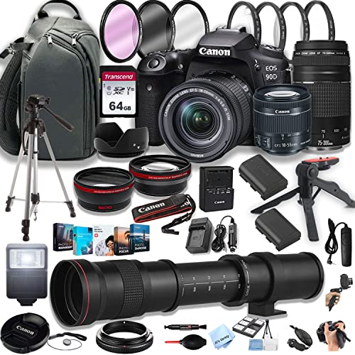 Canon EOS 90D DSLR Camera w/EF-S 18-55mm F/4-5.6 STM Zoom Lens + 75-300mm F/4-5.6 III Lens + 420-800mm Super Telephoto Lens + 64GB Memory Cards, Professional Photo Bundle (44pc Bundle) (Renewed)