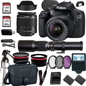 canon eos 2000d (rebel t7) dslr camera w/canon ef-s 18-55mm f/3.5-5.6 zoom lens+500mm f/8.0 telephoto lens+case+128memory cards (24pc)