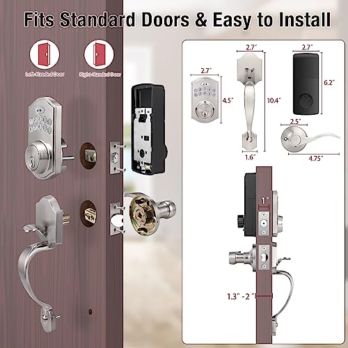 Tinewa Electronic Smart Keypad Deadbolt, Front Door Handle Sets, Keyless Entry Door Deadbolt with Lever Handle, Digital Keypad Deadbolt, Auto Lock, Code Door Lock, Satin Nickel