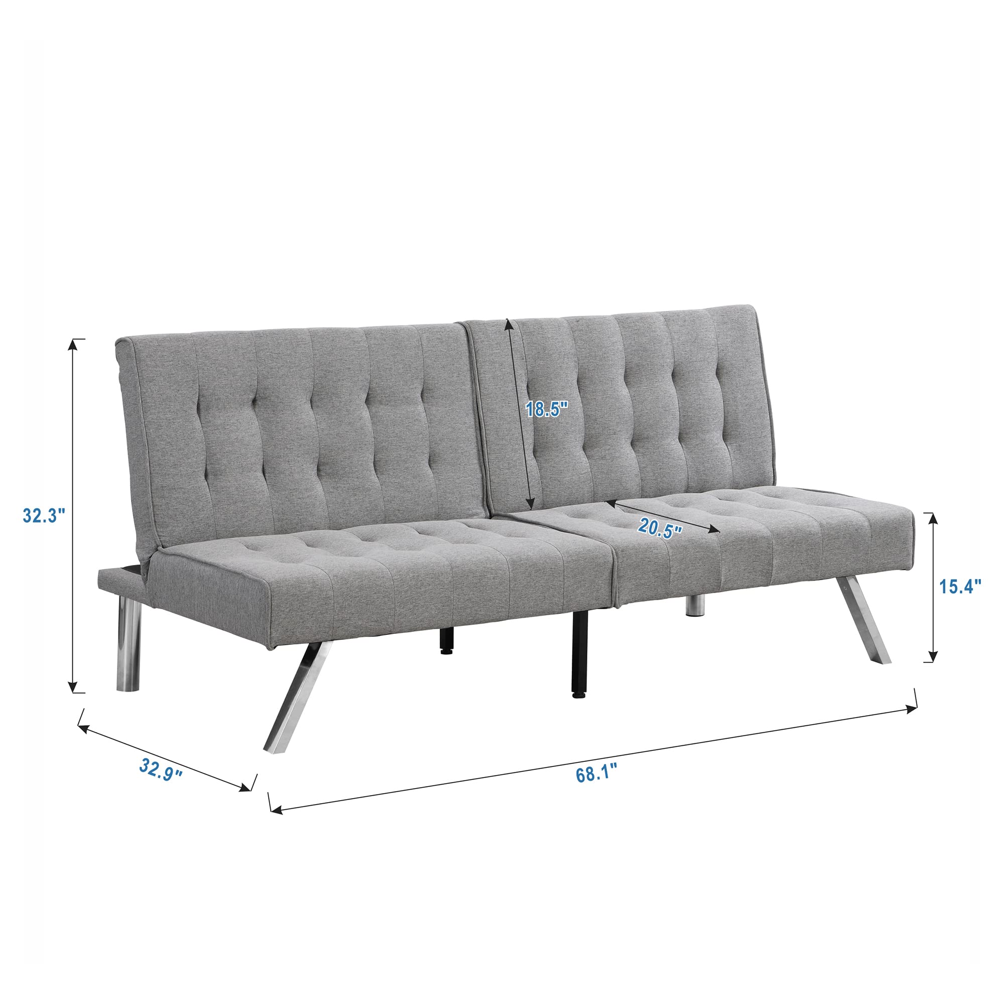 Jmaxo 68" Futon Sofa Bed,Modern Convertible Sleeper Couch with 3 Angles Adjustable Back and Solid Wood Leg for Living Room/Bedroom/Apartment/Office,Grey