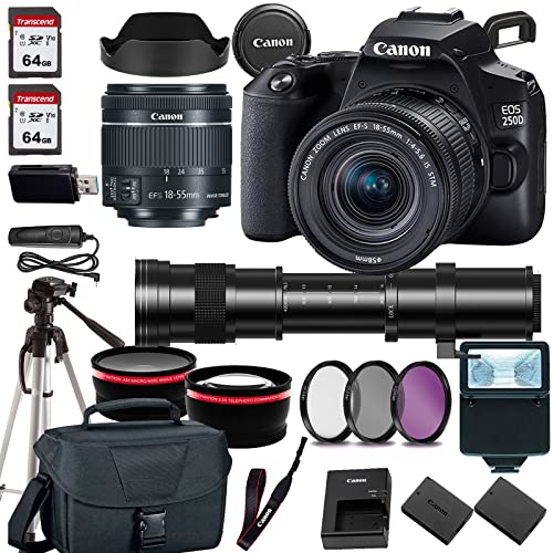 Canon EOS 250D / Rebel SL3 DSLR Camera w/Canon EF-S 18-55mm f/4-5.6 is STM Lens+420-800mm HD Telephoto Zoom Lens+case+128Memory Cards (24PC)