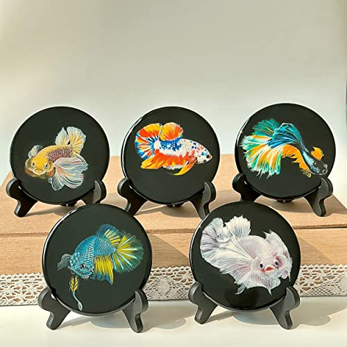 Hand-Painted Betta Fish on Resin Disc - Unique & Trending Ornaments - Office & Aquarium Accesory - Collectibles & Décor (Blind Box, Random)