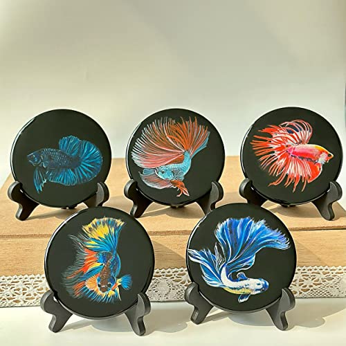 Hand-Painted Betta Fish on Resin Disc - Unique & Trending Ornaments - Office & Aquarium Accesory - Collectibles & Décor (Blind Box, Random)