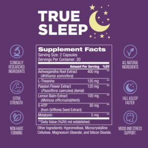 True Sleep | #1 Rated Extra Strength Natural Sleep Aid & Mood Support w/ Melatonin, Ashwagandha, 5-HTP, L-Theanine & More | Cortisol Blocker + Non Habit Forming (for Adults) 60 Capsules