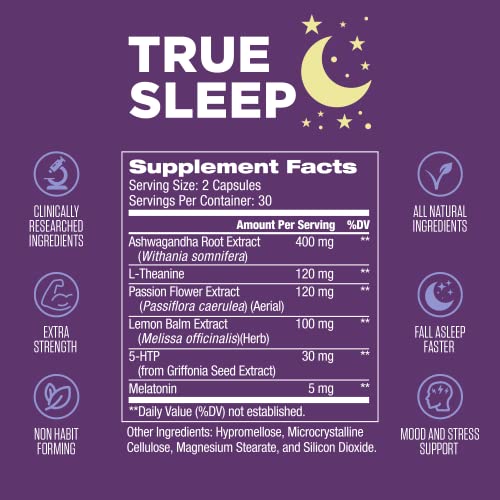 True Sleep | #1 Rated Extra Strength Natural Sleep Aid & Mood Support w/ Melatonin, Ashwagandha, 5-HTP, L-Theanine & More | Cortisol Blocker + Non Habit Forming (for Adults) 60 Capsules