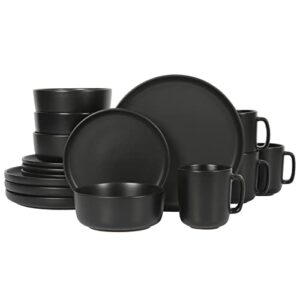 gibson home zuma stoneware plates, bowls, & mugs dinnerware set - matte black, service for four (16pcs)