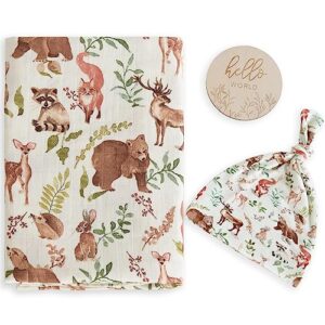 LifeTree Muslin Swaddle Blankets, Muslin Baby Boy Swaddle Blanket and Hat Set with Birth Announcement Card, Newborn Unisex Neutral Receiving Blankets Woodland Forest Animals