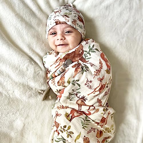 LifeTree Muslin Swaddle Blankets, Muslin Baby Boy Swaddle Blanket and Hat Set with Birth Announcement Card, Newborn Unisex Neutral Receiving Blankets Woodland Forest Animals