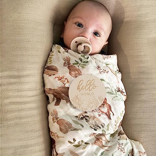 LifeTree Muslin Swaddle Blankets, Muslin Baby Boy Swaddle Blanket and Hat Set with Birth Announcement Card, Newborn Unisex Neutral Receiving Blankets Woodland Forest Animals