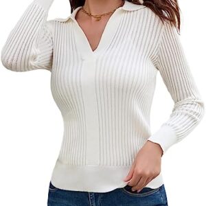 GRACE KARIN Women's Casual Foldover Collared Pullover Sweaters V Neck Long Sleeve Sweater Tops White L