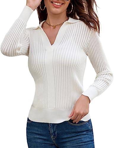 GRACE KARIN Women's Casual Foldover Collared Pullover Sweaters V Neck Long Sleeve Sweater Tops White L