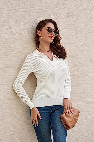 GRACE KARIN Women's Casual Foldover Collared Pullover Sweaters V Neck Long Sleeve Sweater Tops White L