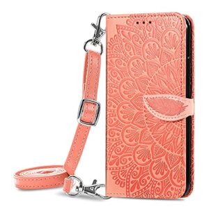 onv wallet case for oppo reno 7 se -1.5m adjustable strap emboss feather flip phone case card slot magnet leather shell flip stand cover for oppo reno 7 se [mzy] -orange