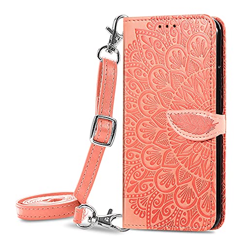 ONV Wallet Case for Oppo Reno 7 SE -1.5M Adjustable Strap Emboss Feather Flip Phone Case Card Slot Magnet Leather Shell Flip Stand Cover for Oppo Reno 7 SE [MZY] -Orange