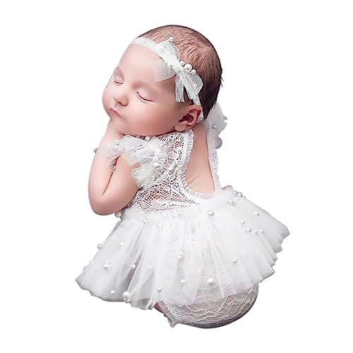 BLUETOP 3 Pcs Newborn Photography Props Set Lace Newborn Photography Outfits Baby Girl Photoshoot Outfits Cute Pearl Lace Rompers Newborn Photoshoot Props with Pearl Headband Tutu Skirt