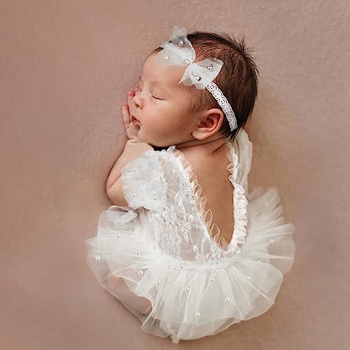 BLUETOP 3 Pcs Newborn Photography Props Set Lace Newborn Photography Outfits Baby Girl Photoshoot Outfits Cute Pearl Lace Rompers Newborn Photoshoot Props with Pearl Headband Tutu Skirt