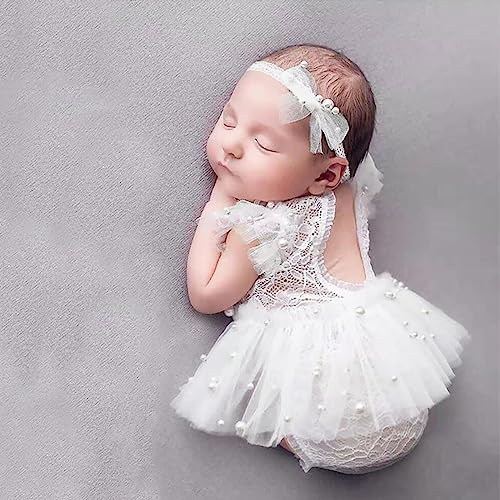 BLUETOP 3 Pcs Newborn Photography Props Set Lace Newborn Photography Outfits Baby Girl Photoshoot Outfits Cute Pearl Lace Rompers Newborn Photoshoot Props with Pearl Headband Tutu Skirt