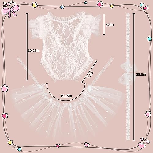 BLUETOP 3 Pcs Newborn Photography Props Set Lace Newborn Photography Outfits Baby Girl Photoshoot Outfits Cute Pearl Lace Rompers Newborn Photoshoot Props with Pearl Headband Tutu Skirt