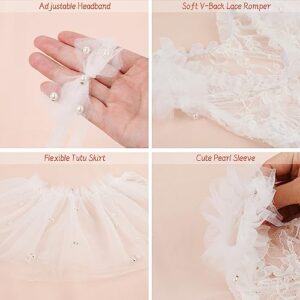 BLUETOP 3 Pcs Newborn Photography Props Set Lace Newborn Photography Outfits Baby Girl Photoshoot Outfits Cute Pearl Lace Rompers Newborn Photoshoot Props with Pearl Headband Tutu Skirt