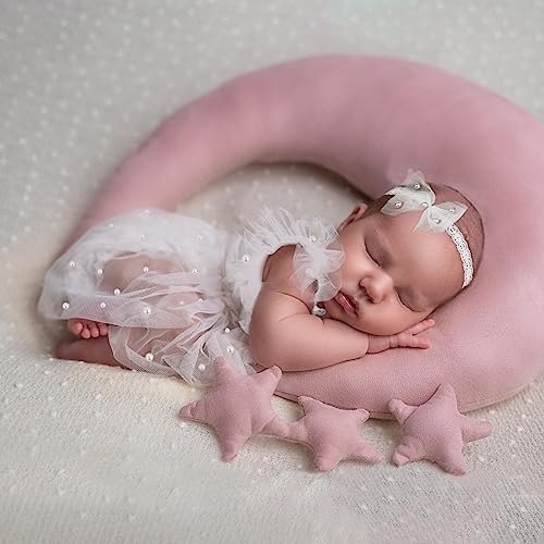 BLUETOP 3 Pcs Newborn Photography Props Set Lace Newborn Photography Outfits Baby Girl Photoshoot Outfits Cute Pearl Lace Rompers Newborn Photoshoot Props with Pearl Headband Tutu Skirt