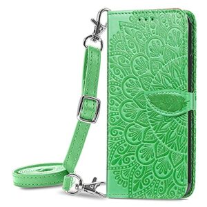 onv wallet case for oppo reno 7 se -1.5m adjustable strap emboss feather flip phone case card slot magnet leather shell flip stand cover for oppo reno 7 se [mzy] -green