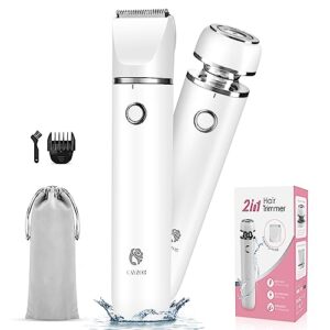 cayzor bikini trimmer and shaver for women - 2-in-1 wet/dry electric body hair trimmer cordless waterproof facial hair removal shaver razor for painless trimming of pubic face underarm legs (white)