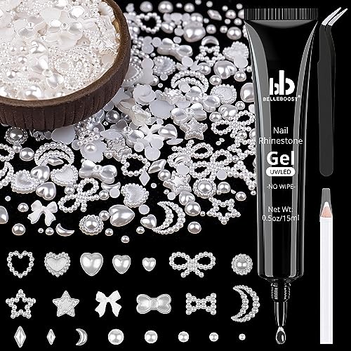 600Pcs 3D Multi Shapes Nail Charms and Flatback Pearls, White Mix Styles Heart Star Bow Sunflower Embellishments for Nail Art, Craft and Decoration with Glue Gel, Tweezer and Pickup Pencil