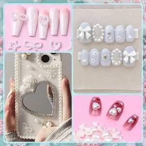 600Pcs 3D Multi Shapes Nail Charms and Flatback Pearls, White Mix Styles Heart Star Bow Sunflower Embellishments for Nail Art, Craft and Decoration with Glue Gel, Tweezer and Pickup Pencil