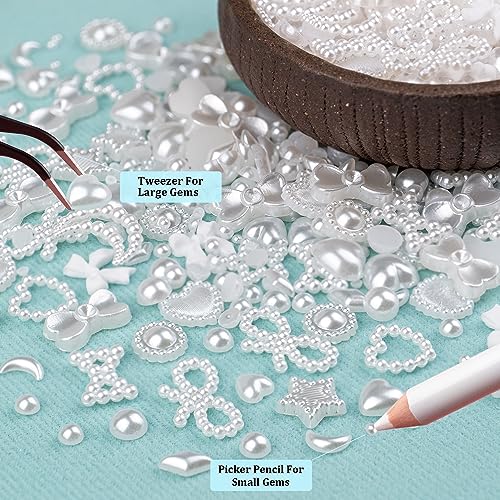 600Pcs 3D Multi Shapes Nail Charms and Flatback Pearls, White Mix Styles Heart Star Bow Sunflower Embellishments for Nail Art, Craft and Decoration with Glue Gel, Tweezer and Pickup Pencil