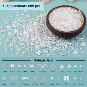 600Pcs 3D Multi Shapes Nail Charms and Flatback Pearls, White Mix Styles Heart Star Bow Sunflower Embellishments for Nail Art, Craft and Decoration with Glue Gel, Tweezer and Pickup Pencil