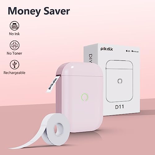 PikDik Mini Bluetooth Label Makers - D11 Pink Label Maker Machine with Tape Portable Label Printer Labeler for Labeling Jars Bins Home Organizing Office