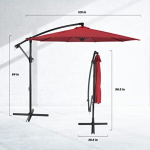 Simple Deluxe 10ft Offset Umbrella Cantilever Patio Hanging Umbrella Outdoor Market Umbrella with Crank & Cross Base Suitable for Garden, Lawn, backyard and Deck, Red