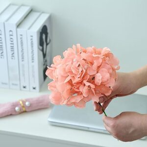 KISLOHUM Artificial Hydrangea Flowers Coral Heads 10 Fake Hydrangea Silk Flowers for Wedding Centerpieces Bouquets DIY Floral Decor Home Decoration with Stems.