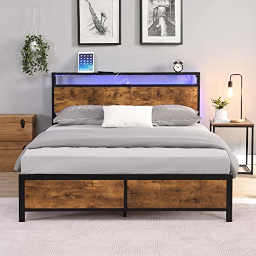 Majnesvon Modern Industrial Queen Bed Frame with LED Lights and 2 USB Ports, Metal Platform Bed Frame Queen Size with 2-Tier Storage Wooden Headboard, Noise Free, No Box Spring Needed - Queen