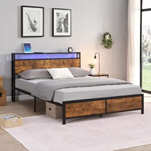 Majnesvon Modern Industrial Queen Bed Frame with LED Lights and 2 USB Ports, Metal Platform Bed Frame Queen Size with 2-Tier Storage Wooden Headboard, Noise Free, No Box Spring Needed - Queen