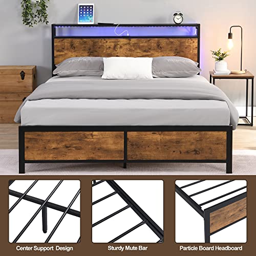 Majnesvon Modern Industrial Queen Bed Frame with LED Lights and 2 USB Ports, Metal Platform Bed Frame Queen Size with 2-Tier Storage Wooden Headboard, Noise Free, No Box Spring Needed - Queen