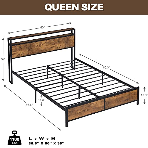 Majnesvon Modern Industrial Queen Bed Frame with LED Lights and 2 USB Ports, Metal Platform Bed Frame Queen Size with 2-Tier Storage Wooden Headboard, Noise Free, No Box Spring Needed - Queen