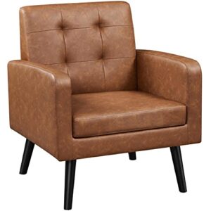 yaheetech mid-century accent chairs, pu leather modern upholstered living room chair, cozy armchair button tufted back and wood legs for bedroom/office/cafe, retro brown
