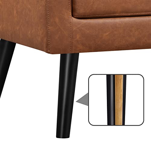 Yaheetech Mid-Century Accent Chairs, PU Leather Modern Upholstered Living Room Chair, Cozy Armchair Button Tufted Back and Wood Legs for Bedroom/Office/Cafe, Retro Brown