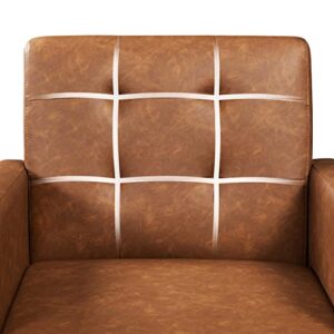 Yaheetech Mid-Century Accent Chairs, PU Leather Modern Upholstered Living Room Chair, Cozy Armchair Button Tufted Back and Wood Legs for Bedroom/Office/Cafe, Retro Brown