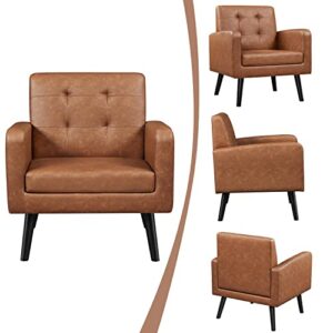 Yaheetech Mid-Century Accent Chairs, PU Leather Modern Upholstered Living Room Chair, Cozy Armchair Button Tufted Back and Wood Legs for Bedroom/Office/Cafe, Retro Brown