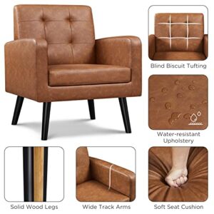 Yaheetech Mid-Century Accent Chairs, PU Leather Modern Upholstered Living Room Chair, Cozy Armchair Button Tufted Back and Wood Legs for Bedroom/Office/Cafe, Retro Brown